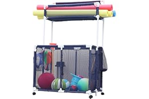 Essentially Yours Pool Storage Equipment Organizer Holder - Noodles, Toys, Balls, Floats Mesh Rolling Double Decker Bin, Large with Noodle Holder, (35.3" W x 23" L x 59.4" H), Blue/White Style 561935