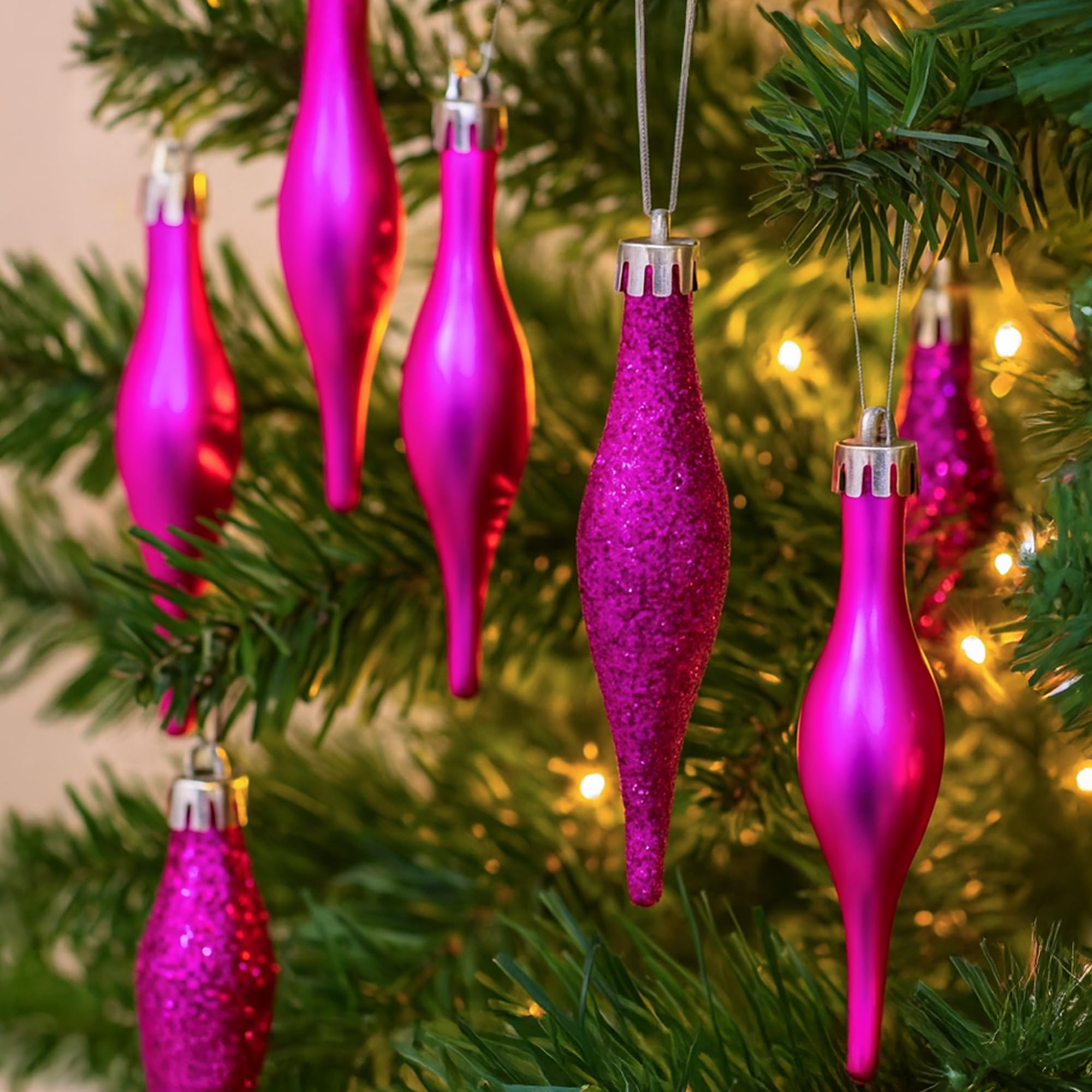 Festive Fix 15pcs Glitter Icicle Christmas Tree Decorations – 8.5cm Baby Pink Droplet Baubles Set, Crystal-Style Icicles for Xmas Trees, Elegant Hanging Ornaments for Indoor Christmas Décor