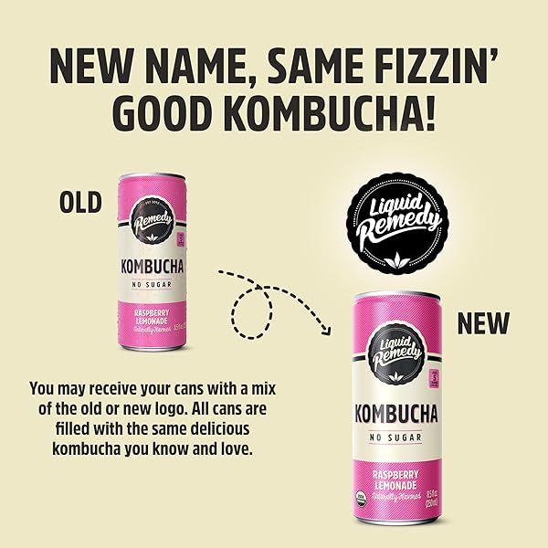 LIQUID REMEDY KOMBUCHA SUGAR FREE ORGANIC DRINK, LOW CALORIE, PROBIOTIC LIKE TEA FOR GUT HEALTH – RASPBERRY LEMONADE – 8.5 FL OZ CAN, 12-PACK