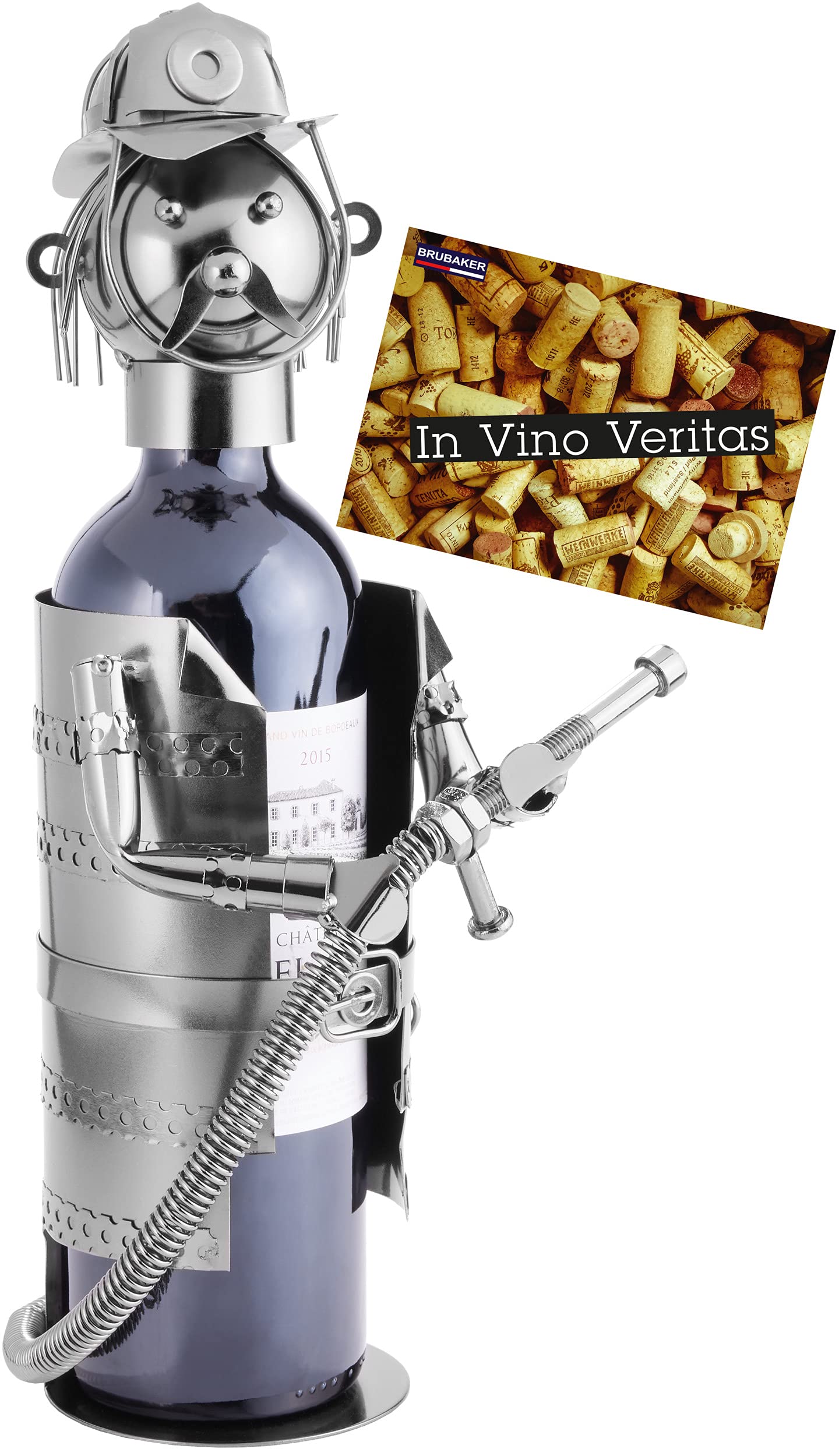 BRUBAKER Wine Bottle Holder Firefighter Metal Sculpture Gift - With Greeting Card