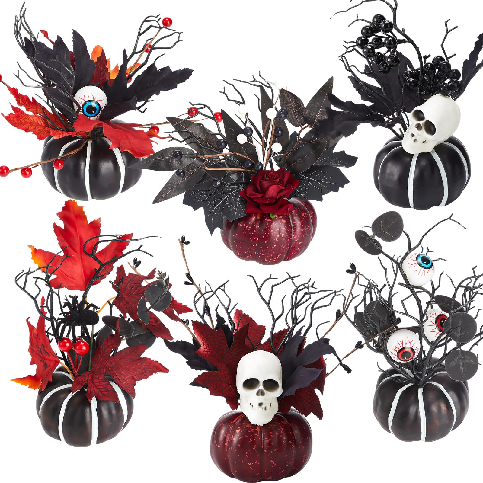 Photo 1 of 6 Pcs Halloween Centerpiece for Table 9" Artificial Pumpkins Centerpieces with Artificial Flowers Eyeball Spider Skull Tabletop Decoration Fake Pumpkin Arrangements for Home Fall Party Ornament