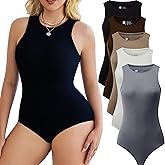 FMNNNN 5 Pack Sleeveless Bodysuits for Women Crew Neck Sexy Halter Tank Top Body Suits Casual Stretchy Going Out Leotards
