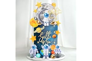 DRWATE 34 PCS Space Cake Toppers - Outer Astronaut Figurines, Planet Satellite Balls and Stars for Kids Theme Birthday Party Supplies Baby Shower Decorations