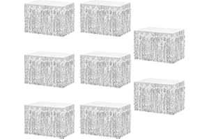 MZJU 8P Wavy Metallic Tinsel Foil Fringe Table Skirts for Rectangle Tables Backdrop Garland Curtains for Parade Floats Wedding Birthday Parties Decoration Halloween Christmas (Silver)