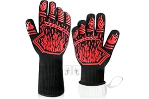 BHYTAKI BBQ Gloves, 1472°F Heat-Resistant and Anti Slip Long Grilling Gloves, One Size Fits All, Gift Two Hooks, Excellent Hand and Wrist Protection in The Kitchen/Fireplace/Griddle/Smoker/Fire Pit