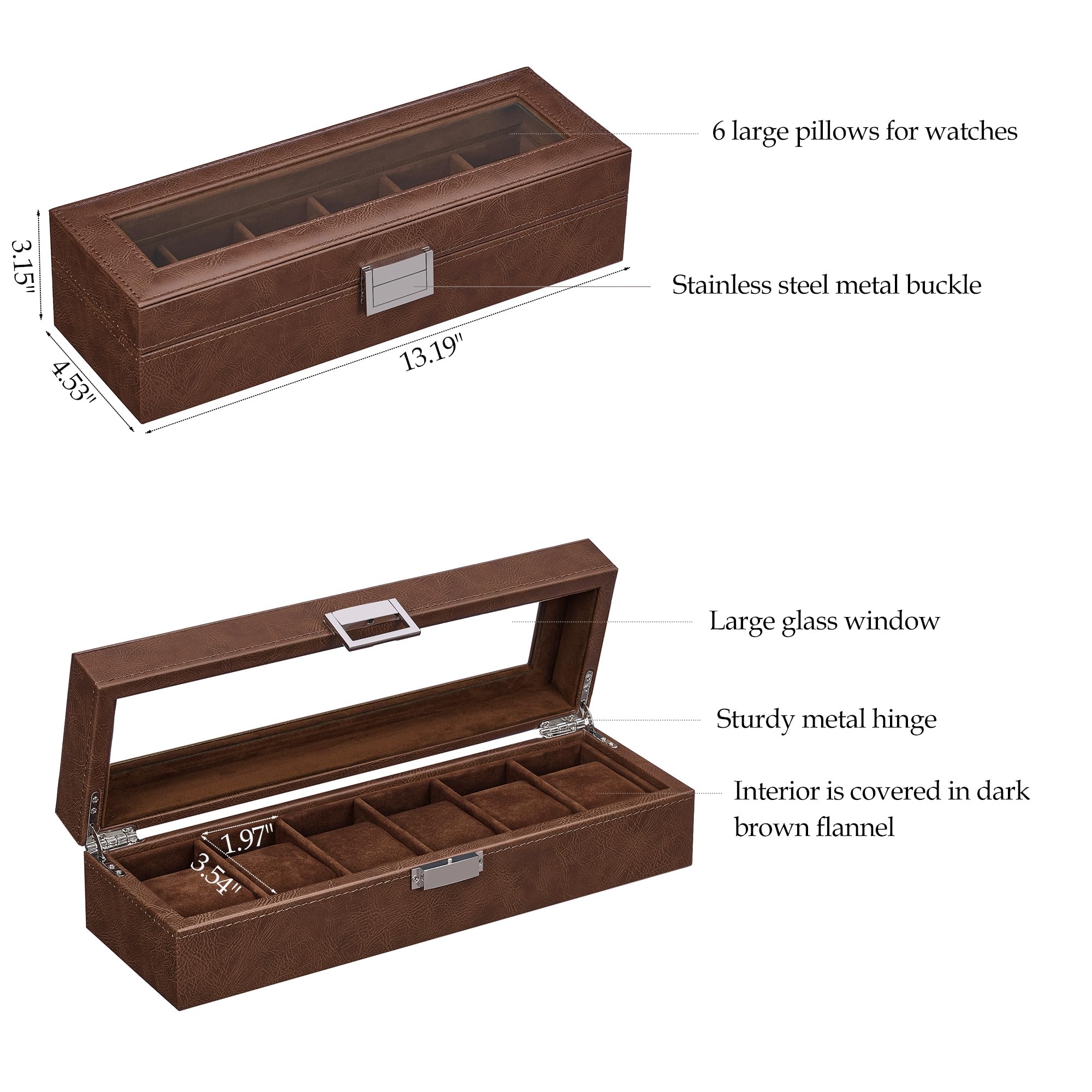 BEWISHOME Watch Box, 6 Slot Watch Cases for Men Watch Holder, Leather Watch Display Case with Large Glass Lid, Watch Storage with Soft Pillow, Brown SSH13Z