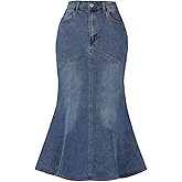 Allegra K Fishtail Denim Skirt for Women Casual Washed High Waisted Midi Jean Skirts