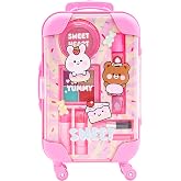 SIMPLE PLEASURES Sweet Pink Kids Cosmetic Trolley Set - Rolling Suitcase with Washable Water-Based Nail Polish, Eyeshadow, Lipstick &amp; Accessories, Pretend Beauty Set for Girls Ages 6+