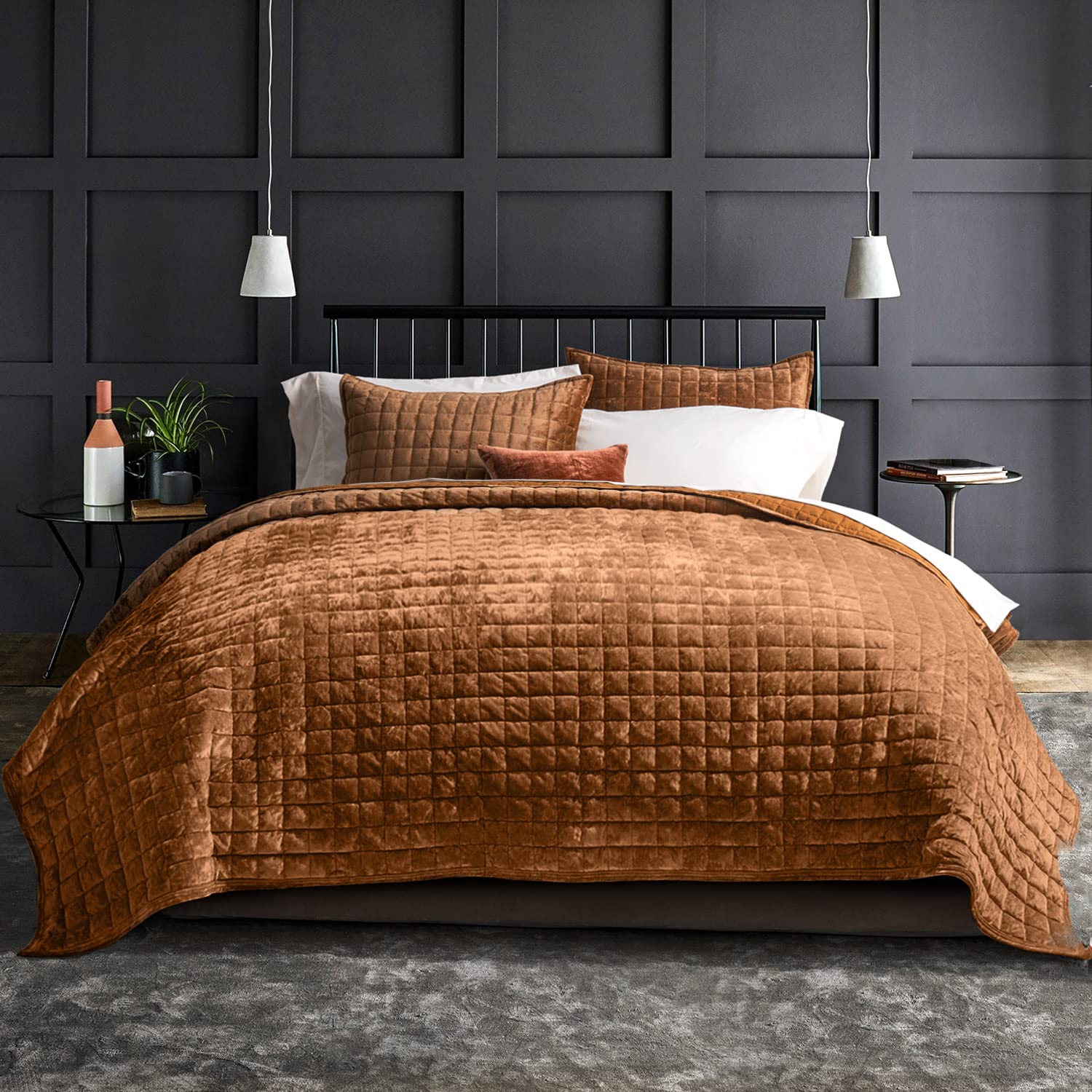 Photo 1 of RECYCO Luxury Velvet Quilt Set King Size Bedding Sets, Ultra Soft Velvet Comforter Set, Lightweight Oversized Bedspread Quilted Coverlet for All Season, with 2 Pillow Shams, Rusty Burnt Orange