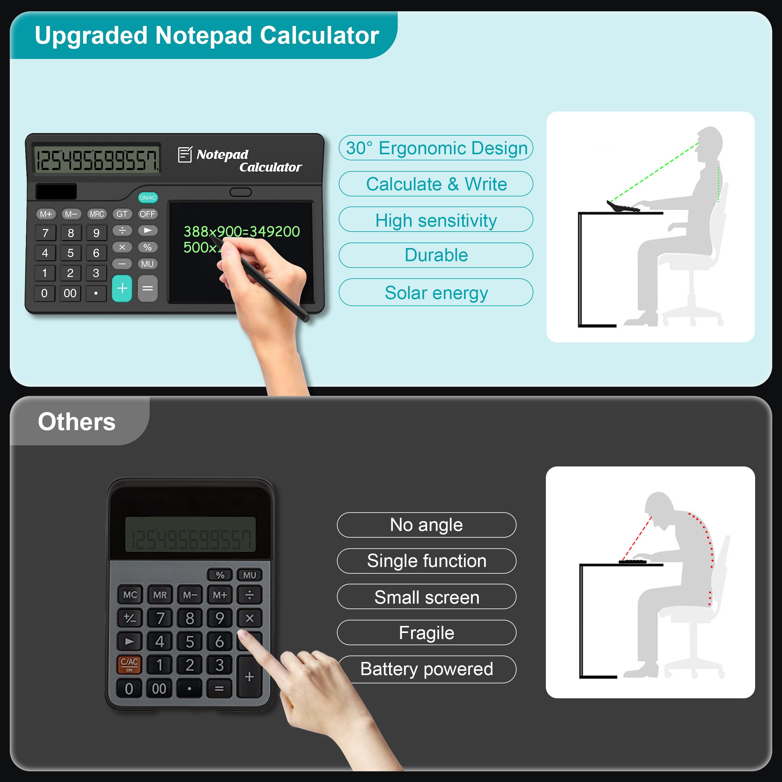 Calculators Desktop with Notepad Writing Tablet 6 Inch, 12 Digit Large Button Office Calculator with Magnetic Stylus, Support Solar & Battery, Desk Calculator for Office, School & Home