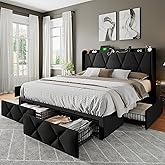 Feonase Queen Bed Frame with 4 Storage Drawers, Upholstered Platform Bed with Charging Station, Wingback Storage Headboard, Wooden Slats Support, No Box Spring Needed, Easy-Assembly, Black