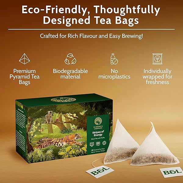BLOOMS & LEOPARD PREMIUM BLACK TEA BAGS | STRIPES OF ENERGY HERBAL BLEND WITH ASHWAGANDHA, MORINGA, CINNAMON & SPEARMINT | NATURAL ENERGY, STRESS RELIEF & IMMUNE SUPPORT | 20 ORGANIC TEA BAGS