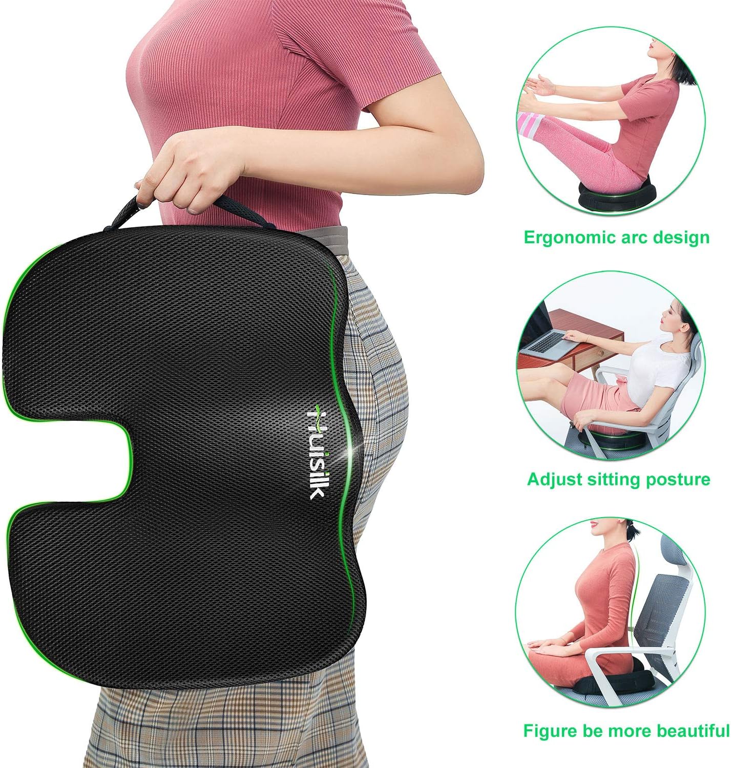 HUISILK Seat Cushion for Office Chair - 100% Pure Memory Foam Car Seat Cushion - Tailbone Pain Relief Cushion - Coccyx Orthopedic Pad - Relieves Back, Hip, Tailbone, Sciatica Pain: Home & Kitchen