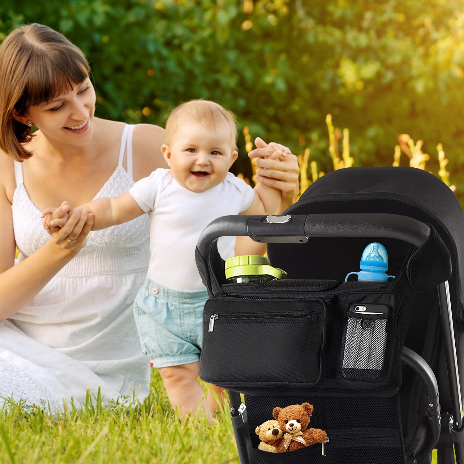 Stroller Organizer Black, ProCIV Universal Baby Stroller Bag Fits All Strollers Premium Deep Insulated Stroller Cup Holders Extra-Large Storage Space for iphones Diapers Cups Toys