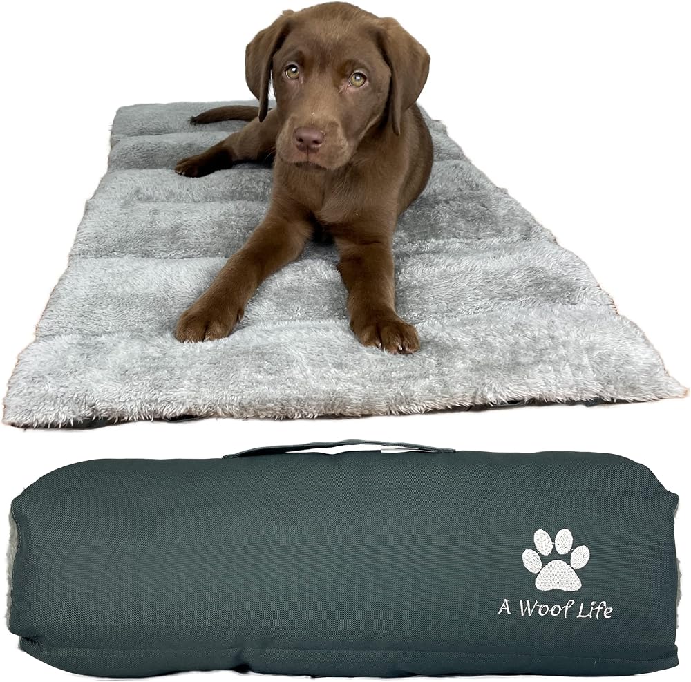A WOOF LIFE Puppy & Small Travel Dog Bed Outdoor Indoor Roll Up Mat