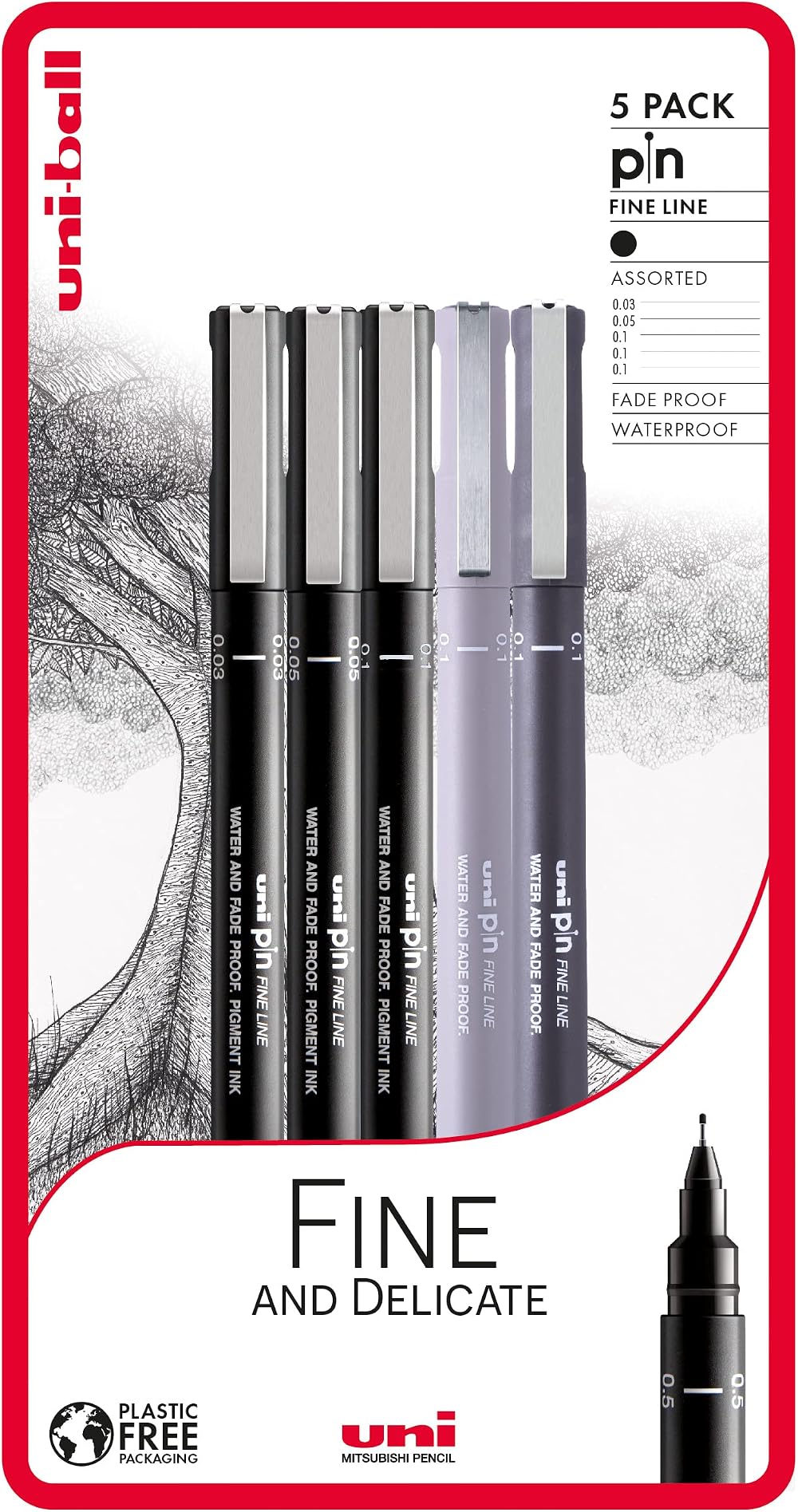 uni-ball PIN Fineliners Pack of 5 Black Fine Tip Pens 0.03–0.5mm
