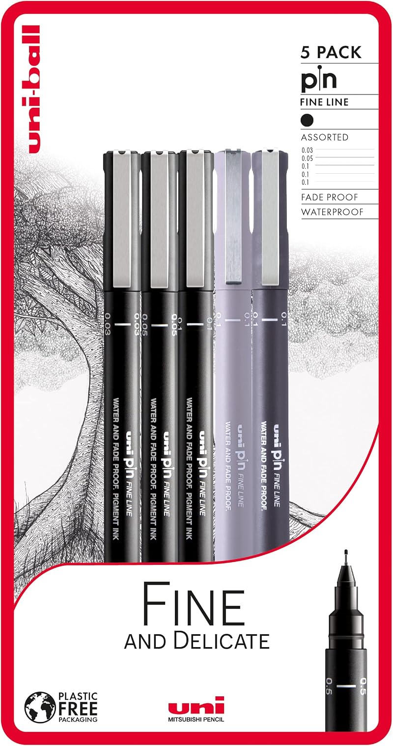 uni-ball PIN Fineliners Pack of 5 Black Fine Tip Pens 0.03–0.5mm