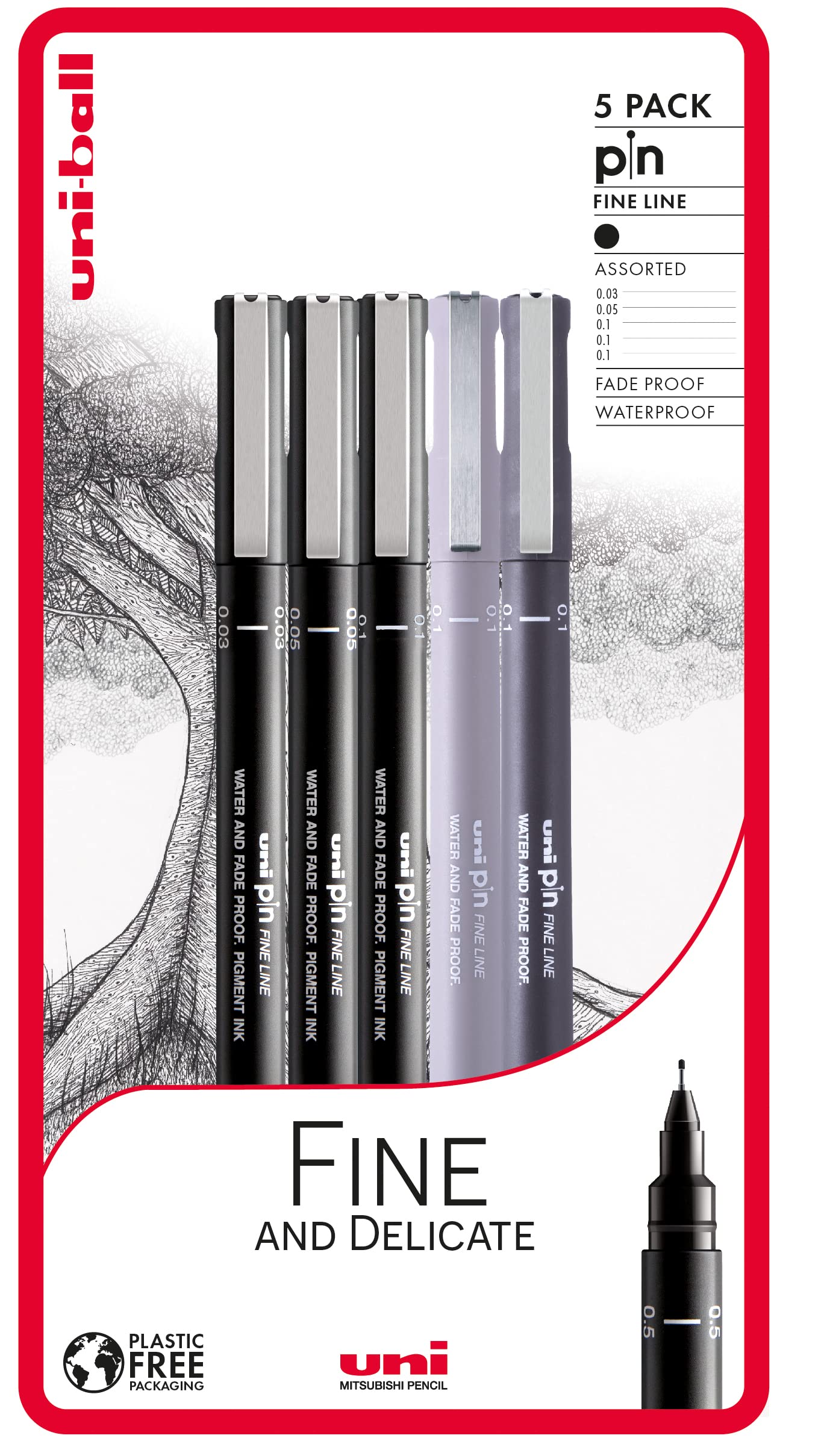 uni-ball PIN Fineliners, Black Fine Tipped Writing Pens, Water and Fade-Resistant Ink, Ideal for Architects, Sketching, Scrapbooking, Outlining, Art, Technical Drawing, Archival Quality, Pack of 5