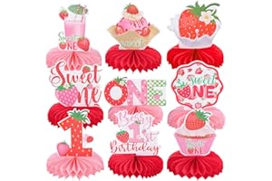 RANERVZ 9pcs Strawberry 1st Birthday Honeycomb Centerpieces One Year Old Birthday Party Decorations Sweet ONE Strawberry Tabletop Centerpieces Baby Shower First Birthday Table Topper Sign Decorations