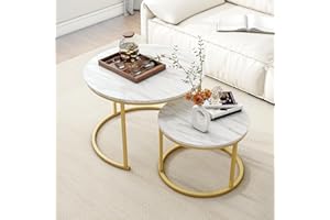 HOJINLINERO Round Coffee Table Set of 2 End Tables for Living Room,Circular and Marble Patterned Nesting Coffee Table Wooden 