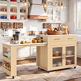 HLR 72" Extendable Rolling Kitchen Island with Storage, Island Table on Wheels with Marble Grain Countertop &amp; Power Outlet, Portable Island Cart with Cabinets, Drawers and Shelves, Wood