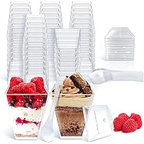 100 Tasses à Dessert APACALI 115ml - Verrines Plastique Avec Couvercles - Transparent - Lot Avec Cuillères