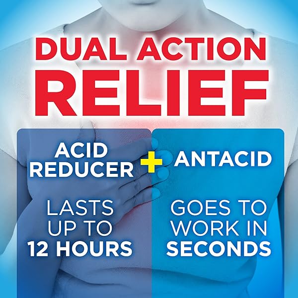 AMAZON BASIC CARE DUAL ACTION COMPLETE, CHEWABLE ACID REDUCER PLUS ANTACID TABLETS, BERRY FLAVOR, HEARTBURN MEDICINE, ACID INDIGESTION RELIEF, 50 COUNT