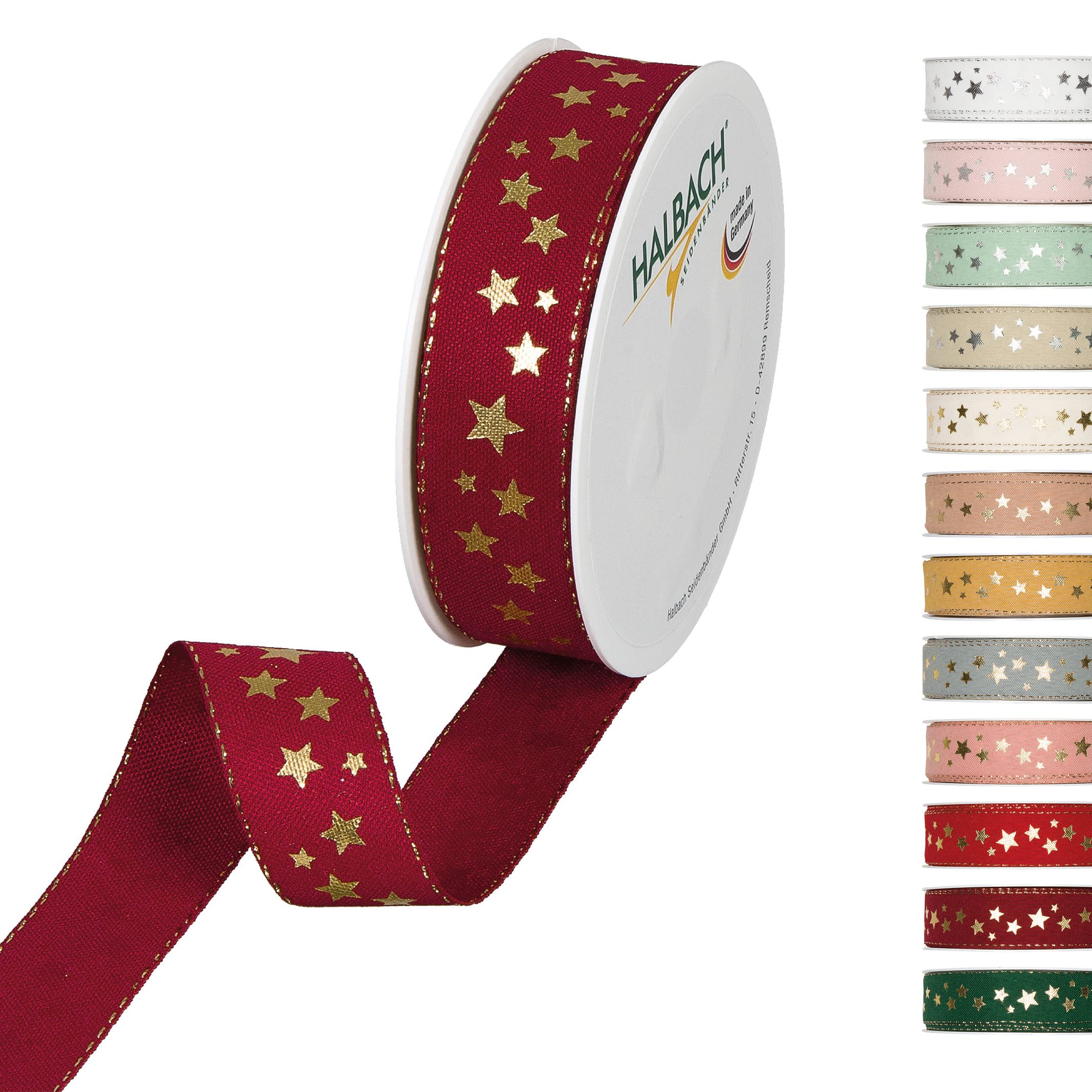 Halbach Seidenbänder Christmas Ribbon 25mm x 18m Christmas Gift Wrapping Ribbon for Gift Wrapping, Ribbon with Stars in Gold Printed and Lurex Edges, Dark Red