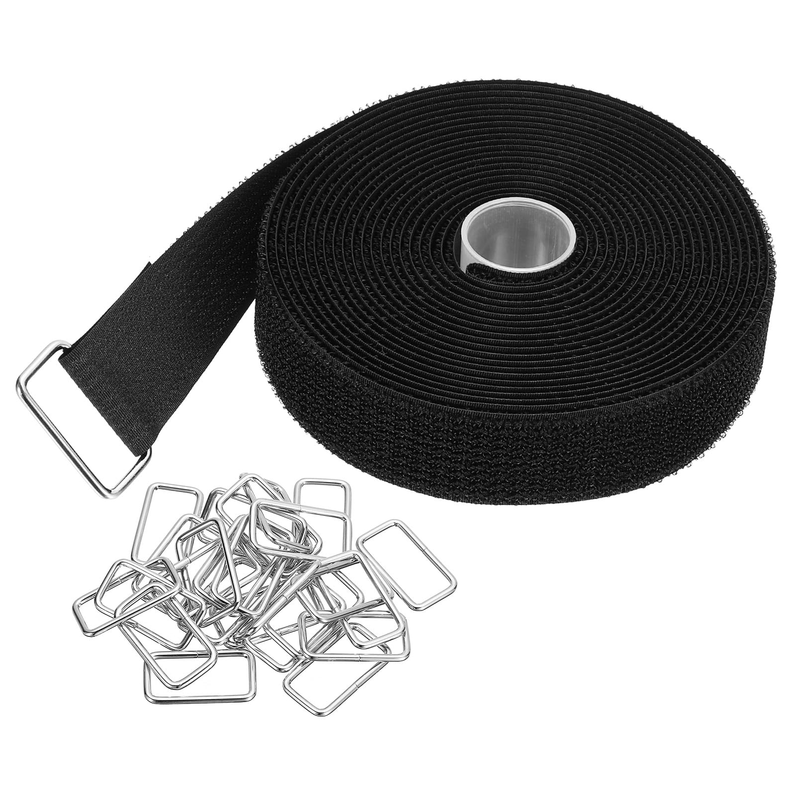 PATIKIL Hook and Loop Straps 1.2 in x 16 Ft with 25pcs Metal Buckle, Adjustable Cinch Straps Fastening Cable Straps for Bundling Storage Organization, Black