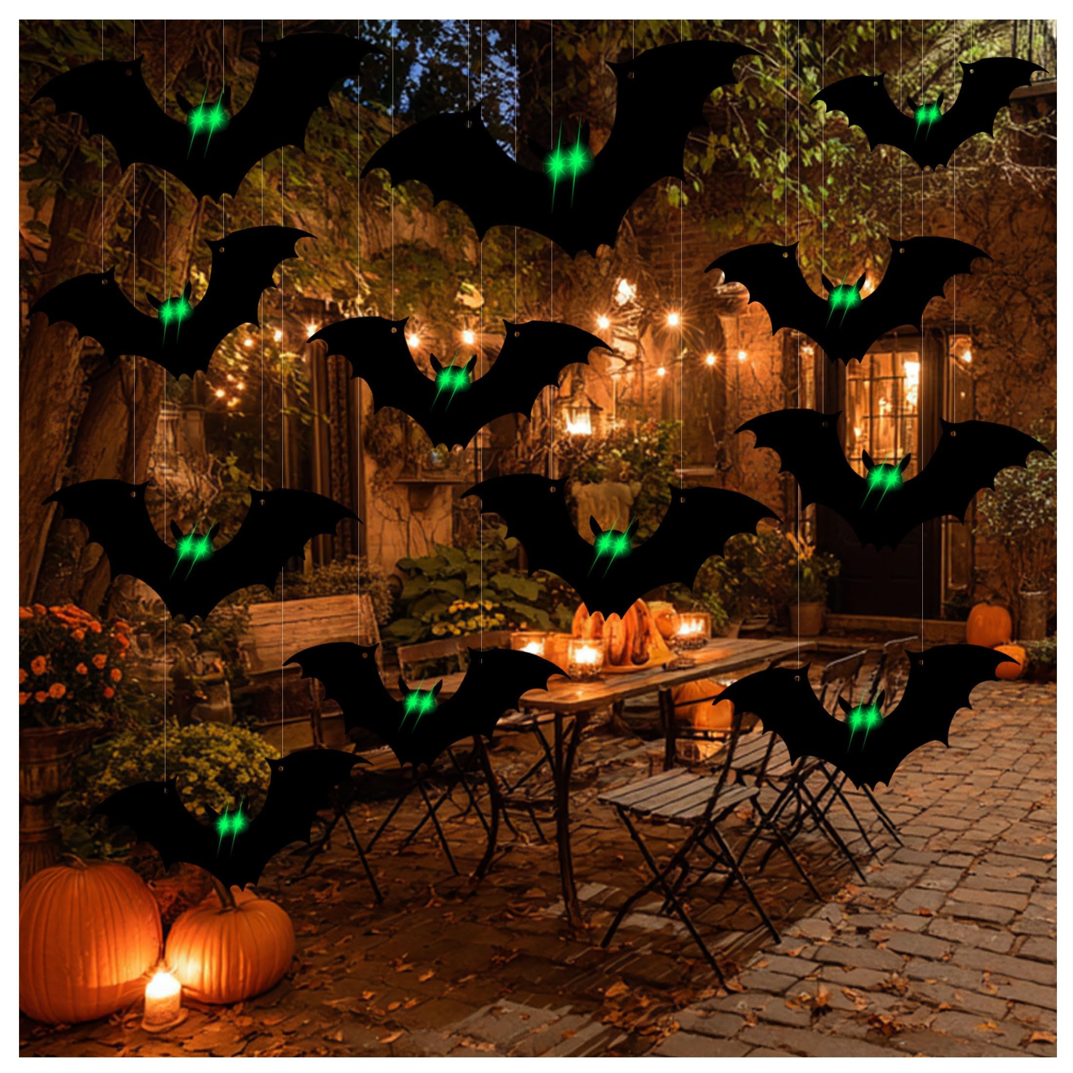 Photo 1 of 12Pcs Halloween Bats,Hanging Bats with Auto Light Sensor, Light Up Scary 3D Bat Wall Decor, Spooky Flying Bats Halloween Decorations Outdoor for Trees Yard Garage