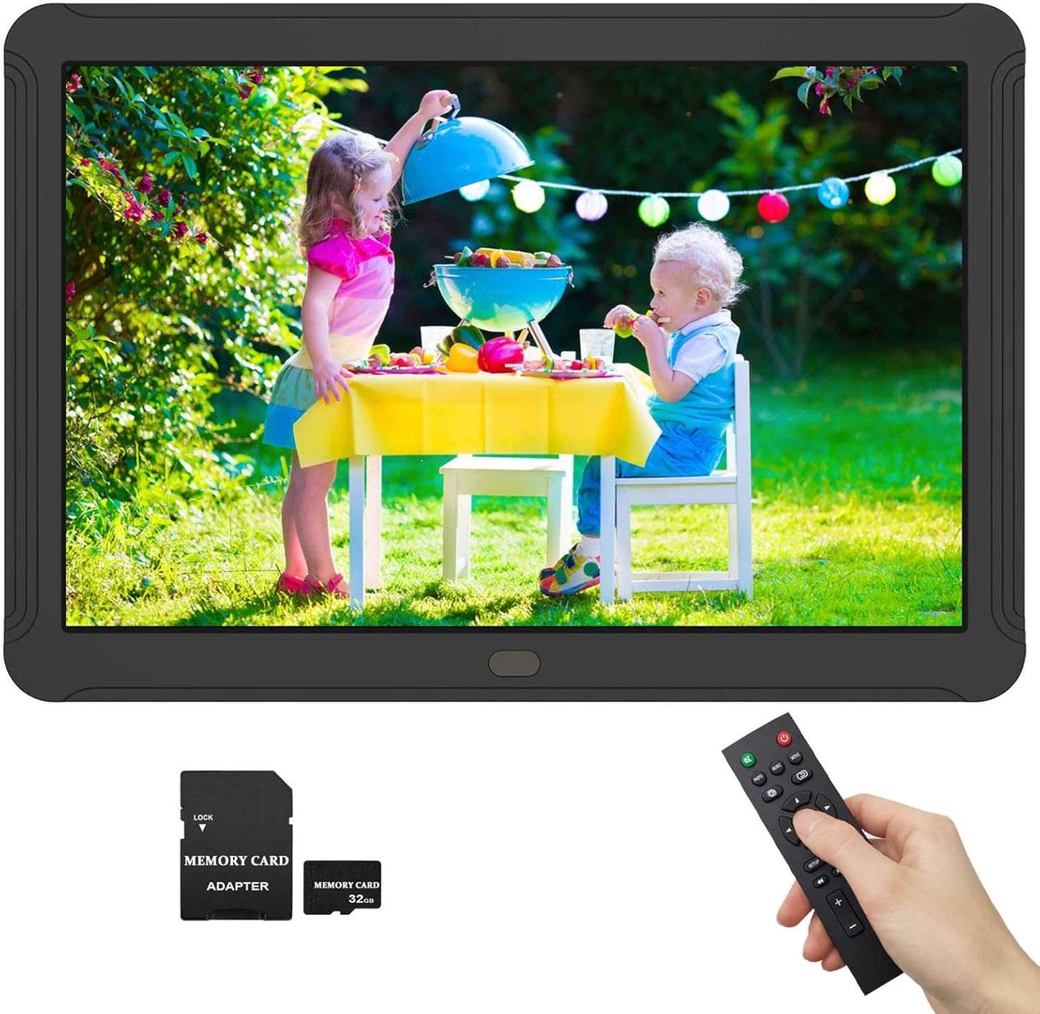 1920x1080 Digital Picture Frame 8 Inch 16:9 IPS Screen, Photo Auto-Rotate, Auto Turn On/Off, HD Video Frame, Calendar, Alarm Clock, Background Music, Remote Control, Include 32GB SD Card