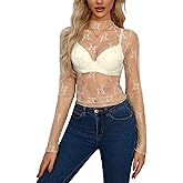 AISEW Womens Mesh Sheer Long Sleeve Crop Tops Mock Neck Sexy See Through Tee Shirts Lace Floral Y2K Layering Top Blouses