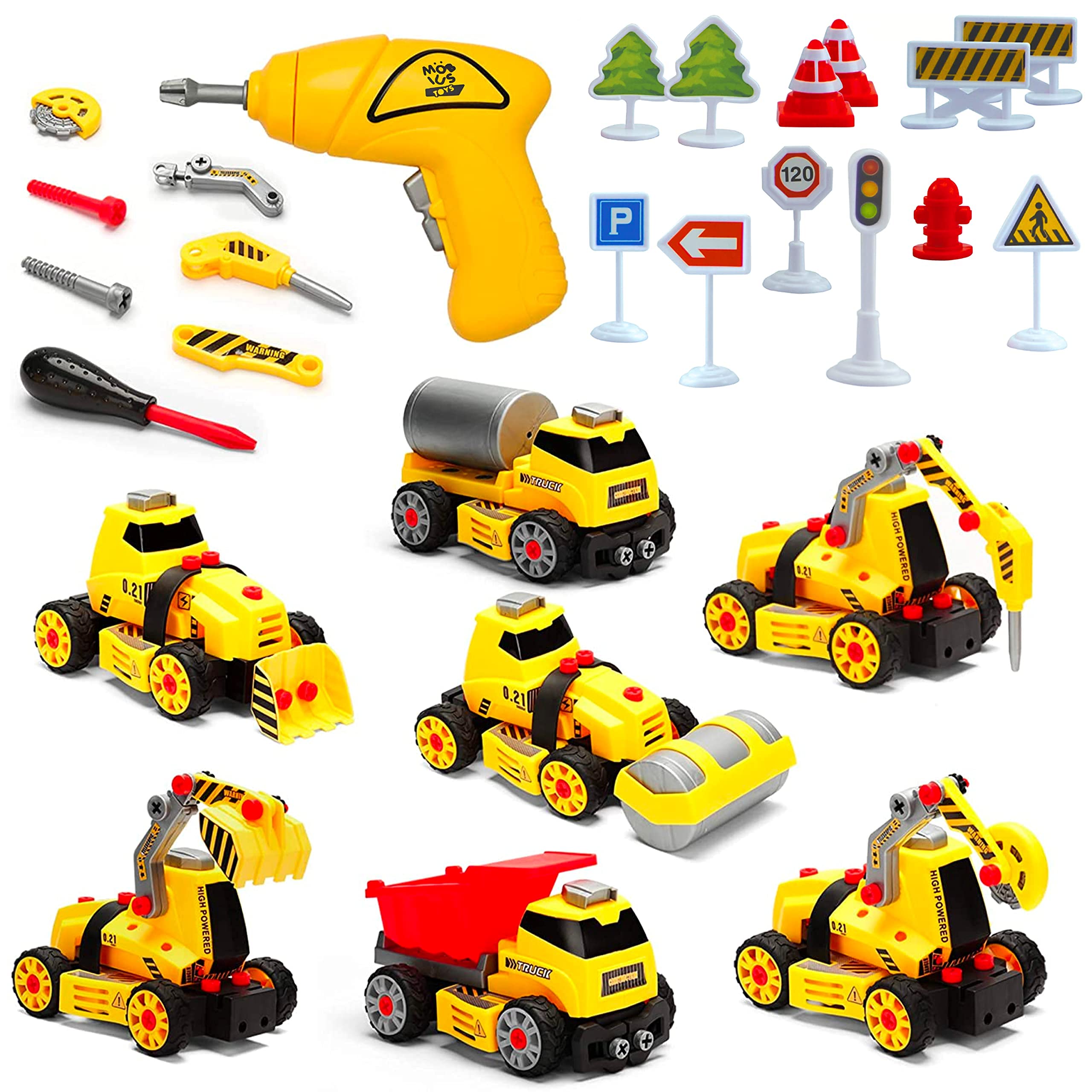 7-in-1 Take Apart Construction Toys 84pcs DIY Engineering Playset with Electric Drill, Play Mat, and Road Signs, Push & Go STEM Learning Bundle w/Lights, Sounds for Early Education, Boys and Girls 4+