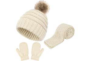 Hicdaw Kids Winter Hats Gloves Scarf Set Baby Mittens Gloves with Pompom Baby Winter Hat Toddler Beanie Hat for Boy Girl