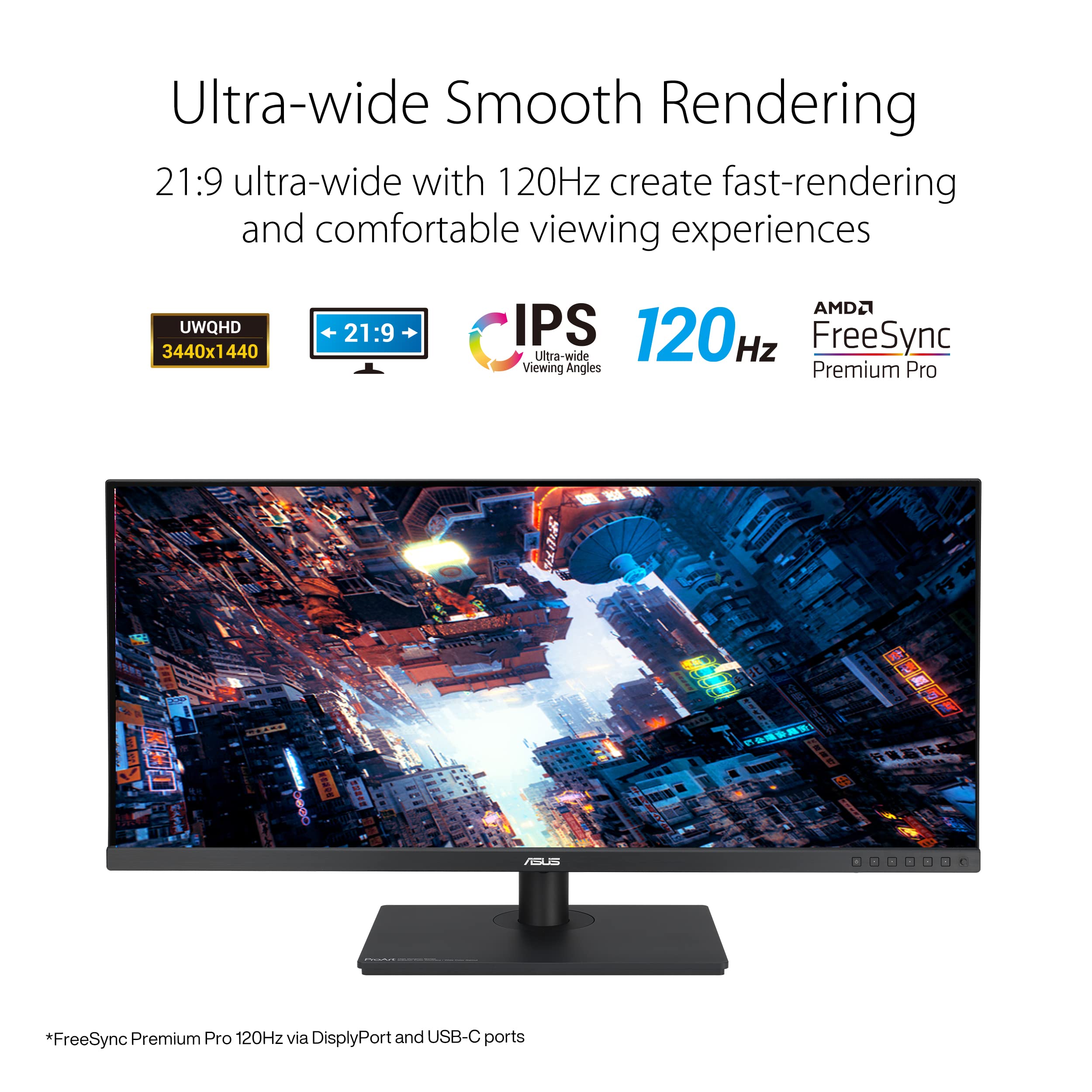 ASUS 34-Inch ProArt Monitor - 21:9 QHD, 120Hz, 98% DCI-P3, Calman Verified, USB-C - For Laptop & Mac