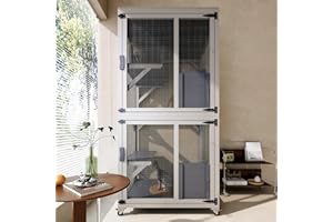 YOPTO 71.65" Outdoor Wooden Catio Outdoor Cat Enclosure House,Indoor Large Kitten Playpen with Napping House,4 Platforms & Weatherproof Asphalt Roof,Sliding Doors,Gray