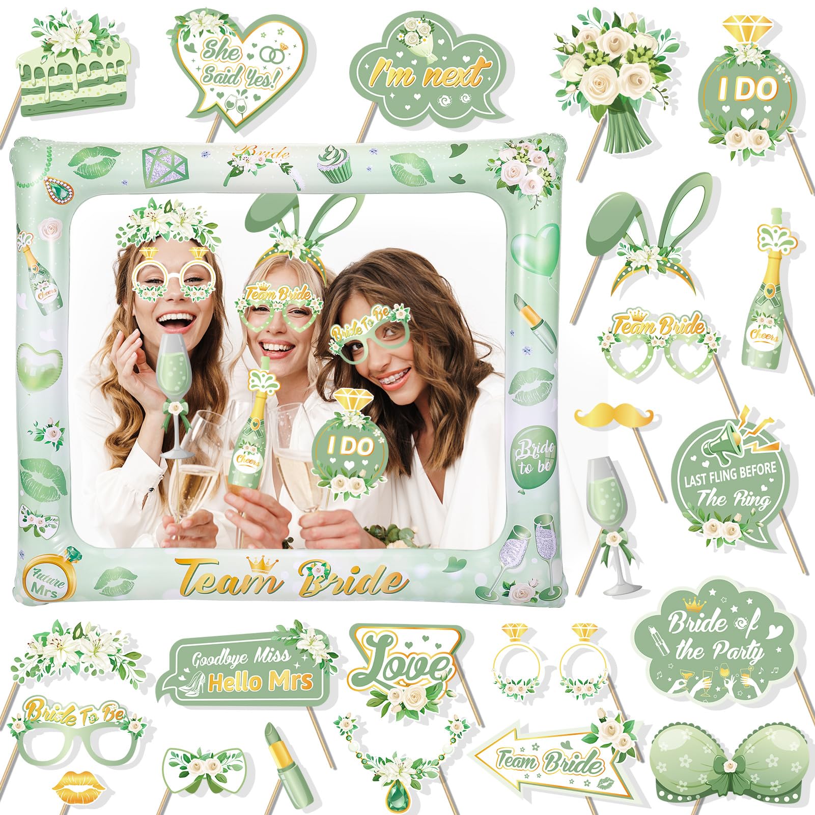 HOWAF 23 PCS Hen Party Photo Booth Props, Green Gold Party Props & Team Bride Inflatable Selfie Frame for Hen Party Accessories, Wedding Bridal Shower, Bachelorette Party Accessories