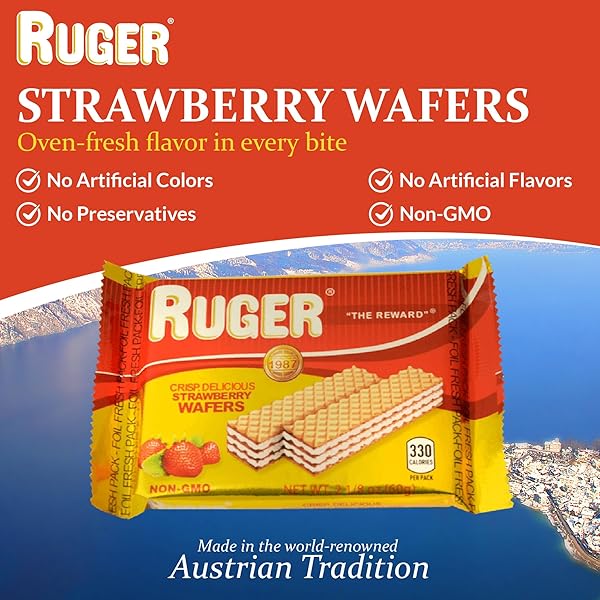 RUGER WAFERS AUSTRIAN STRAWBERRY WAFERS, 2.125 OUNCE (PACK OF 12) – DELIGHTFULLY CRISP AND CREAMY STRAWBERRY TREATS WITH NATURAL INGREDIENTS AND EXTENDED FRESHNESS, IDEAL FOR SNACKING, DESSERTS, AND ANYTIME ENJOYMENT