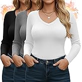Sweetyweee 3 Pack Plus Size Thermal Shirts for Women Cotton Long Sleeve Ribbed Knit Tops V Neck Slim Fit Underwear Base Layer