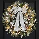 24 Inch Christmas Wreath for Front Door with Lights Silver Bow Pine Needles White Berries Pine Cones Snowy Christmas Ball Decorations for Winter Holiday Xmas Decor