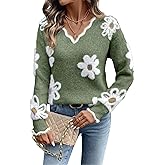 FOTKLAX Women's Pullover V Neck Sweater Floral Knitted Long Sleeve Cute Trendy Cozy Sweaters for Winter