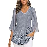 BEPEI Women's Tops 3/4 Sleeve Dressy Casual Blouses V Neck Double Layers Shirts