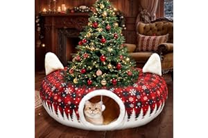CORALMEE Cat Tunnel Christmas Tree Skirt, 3ft x 3ft x 9.8in Cat Tunnels for Indoor Cats, Buffalo Plaid Peekaboo Cat Tunnel Bed with Hanging Ball, Kitten Toys for Indoor Kittens Puppy Rabbit Ferret