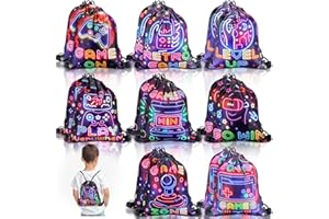 Huhumy 16 Pcs Video Game Party Favor Neon Game Drawstring Bags 12 x 10 Inch Video Theme Gifts Goodie Treat Candy Bags Party Supplies for Boys Girls for Kid Birthday
