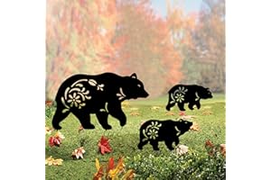 Hokfirm Outdoor Bear Garden Decor,Set of 3 Silhouette Metal Bear Statue Outdoor,Bear Garden Stakes for Outside (Bear Black)