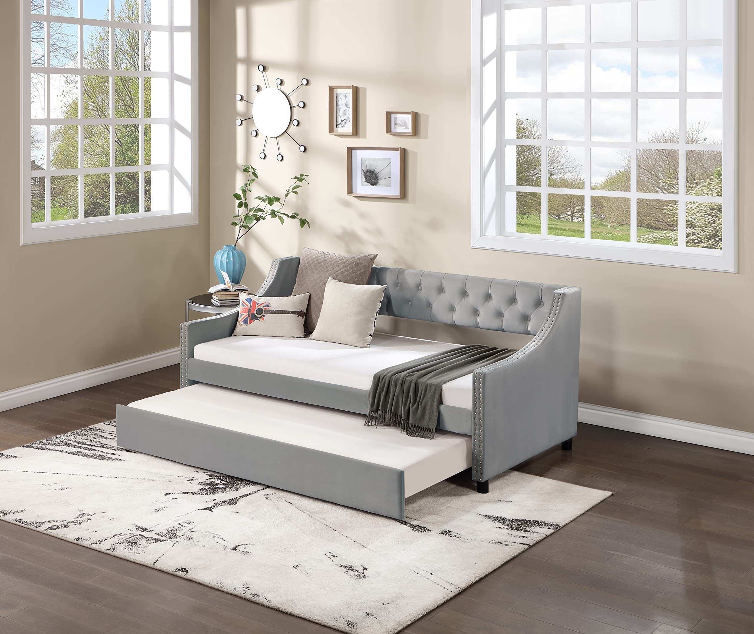 Photo 1 of **SCRAPES ON WOOD FRAME  ENDS**Ball & Cast Full Size Daybed with Trundle,Upholstered Trundle Bed W/Bedframe Tufted Button & Copper Nail on Arms Design,No Box Spring Needed,Sofa Bed Frame for Bedroom,Guest Room,Light Gray