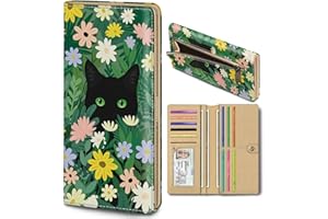 Immaturus Black Cat Floral Womens Wallet, Slim Thin RFID Blocking Card Wallets, Bifold PU Leather Credit Card Holder Organizer, Cute Cash Clutch Long Billfold with Zipper Coin Pocket Ladies Girls Gift