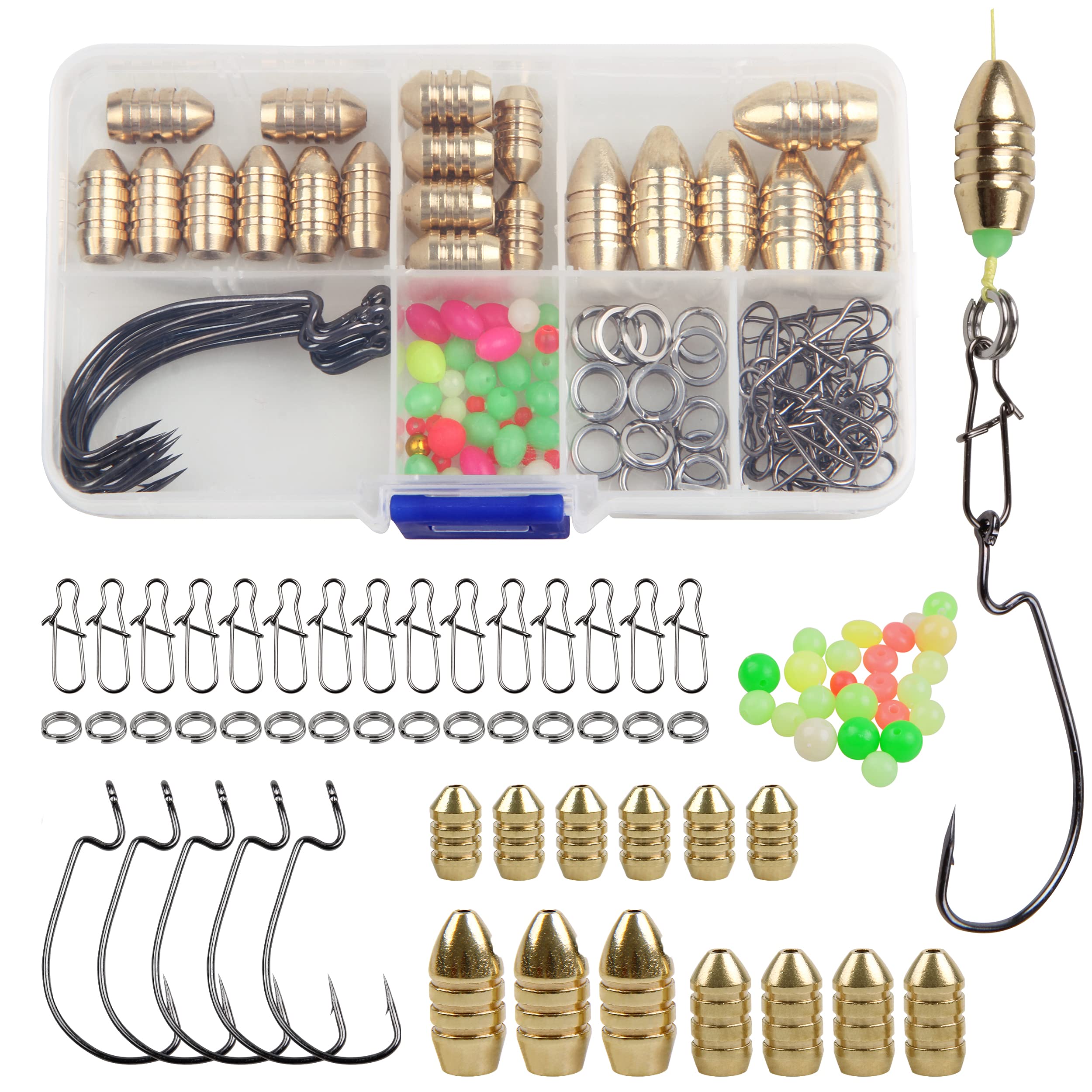Fishing Sinkers Set with Brass Sinker Weights Jig Hooks Swivel Ring Connector Assorted Tackles Texas Rig Kit for Freshwater Saltwater Bass Fishing (80pcs/box)