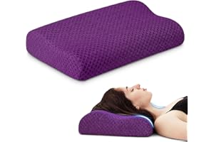 PEUJEW Travel Pillow Memory Foam Pillows, Ergonomic Wave Cervical Neck Pillow for Neck Pain Relief, Compressible Medium Firm Side Sleeper Pillow, Ideal for Camping, Office, Home & Bed (Purple, M)