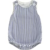 Youweixiong Newborn Baby Boy Girl Striped Romper Sleeveless Cotton Linen Bubble Bodysuit Button Jumpsuit Tank Summer Overalls